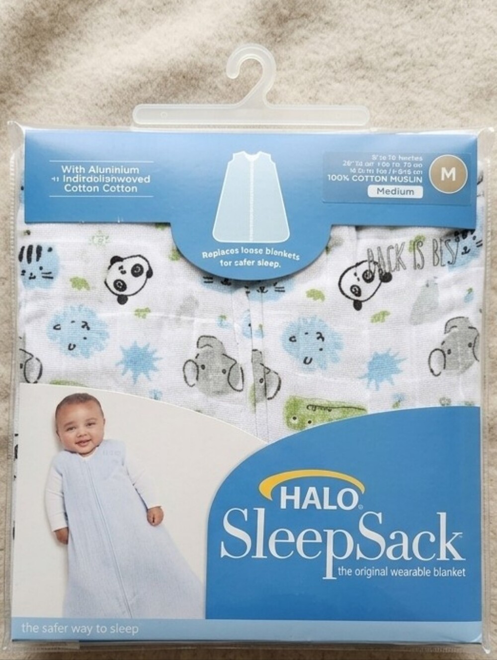 HALO SleepSack Wearable Blanket in White with Blue & Green Animal Print